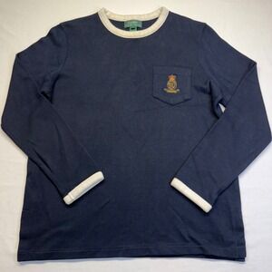 Lauren Ralph Lauren Waffle Knit Top Crest Pocket Navy Ivory Preppy Cotton L